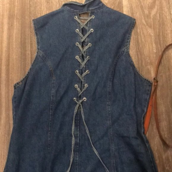 Denim Lace up back button front Dress - Picture 2 of 5